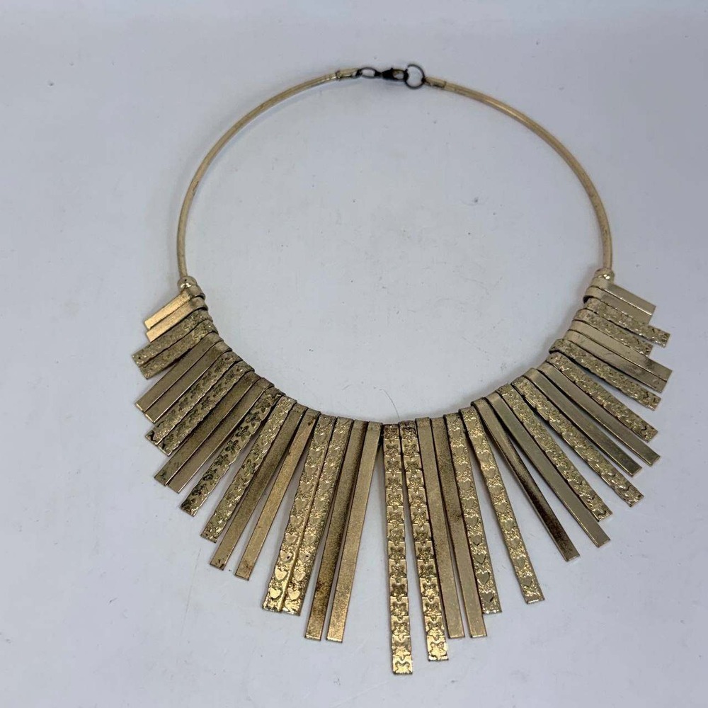 Vintage Gold Tone Fringe Collar Necklace Heart Star Textured Bar Statement Boho
